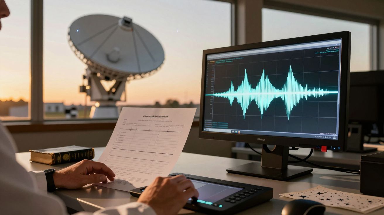 Persoon analyseert golfpatroon op computerscherm, met een grote satellietschotel zichtbaar buiten het raam bij zonsondergang.