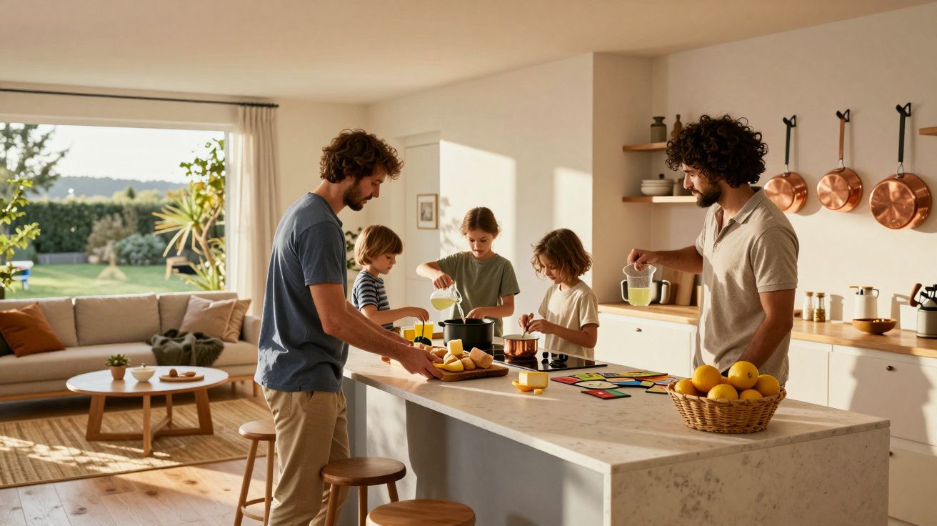 Gezin bereidt samen ontbijt in een lichte keuken, met een mand sinaasappels op het aanrecht en koperen pannen aan de muur.