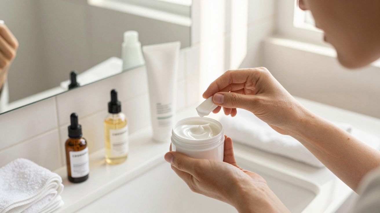 Handen openen een potje crème bij de wastafel, met flesjes en handdoek op de achtergrond.