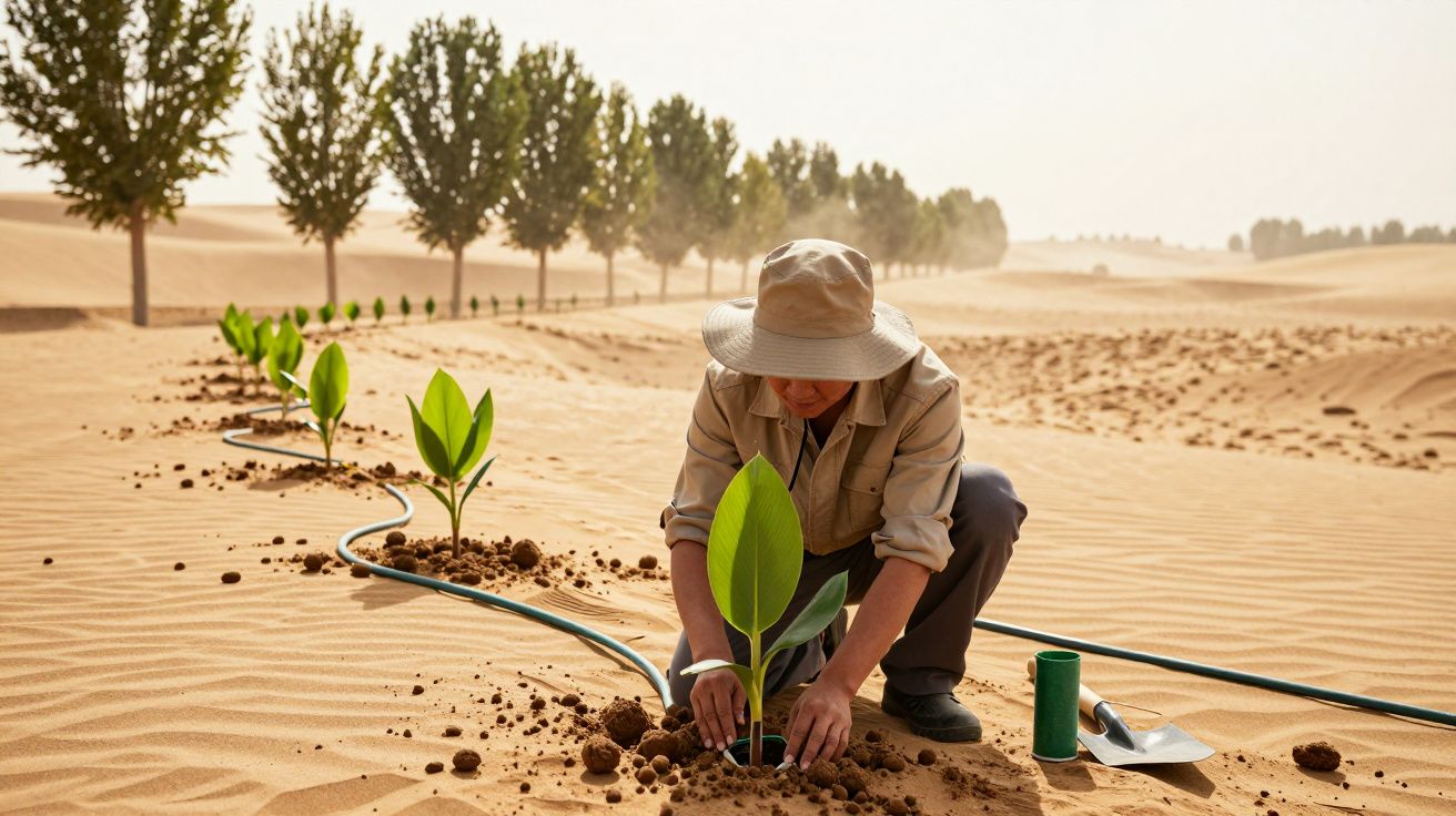 Persoon plant jonge zaailing in de woestijn, omringd door zand, met irrigatieslang en rij jonge bomen op de achtergrond.