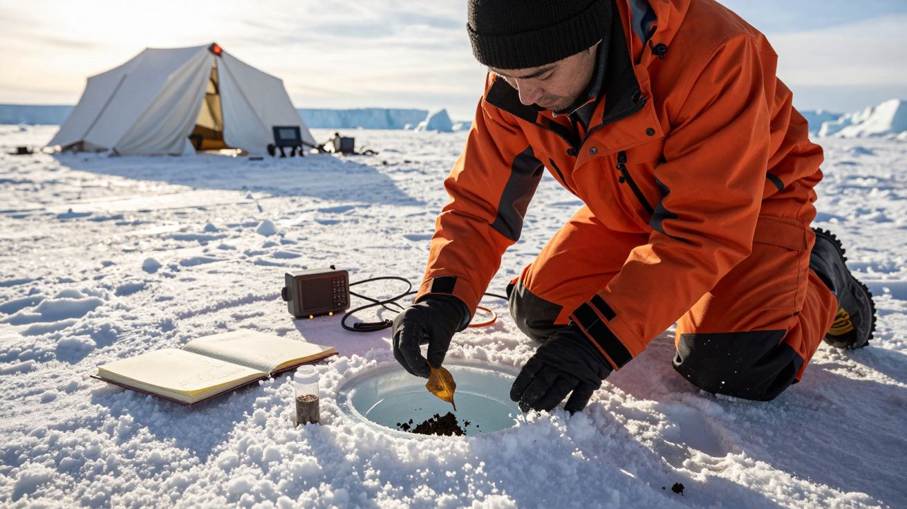 Persoon in oranje pak onderzoekt monsters op sneeuw, met tent op de achtergrond.
