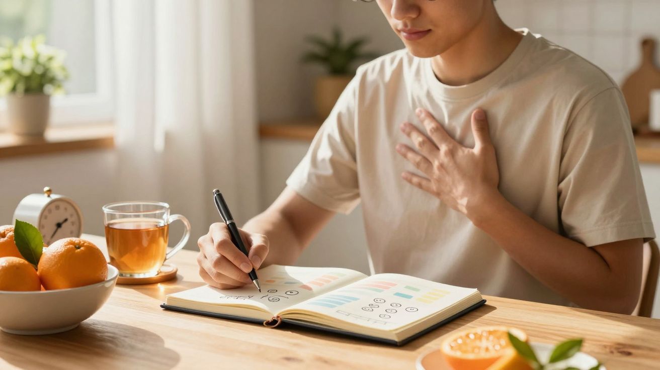 Persoon schrijft in een dagboek aan een bureau met fruit, een kop thee en een klokje, hand op de borst.
