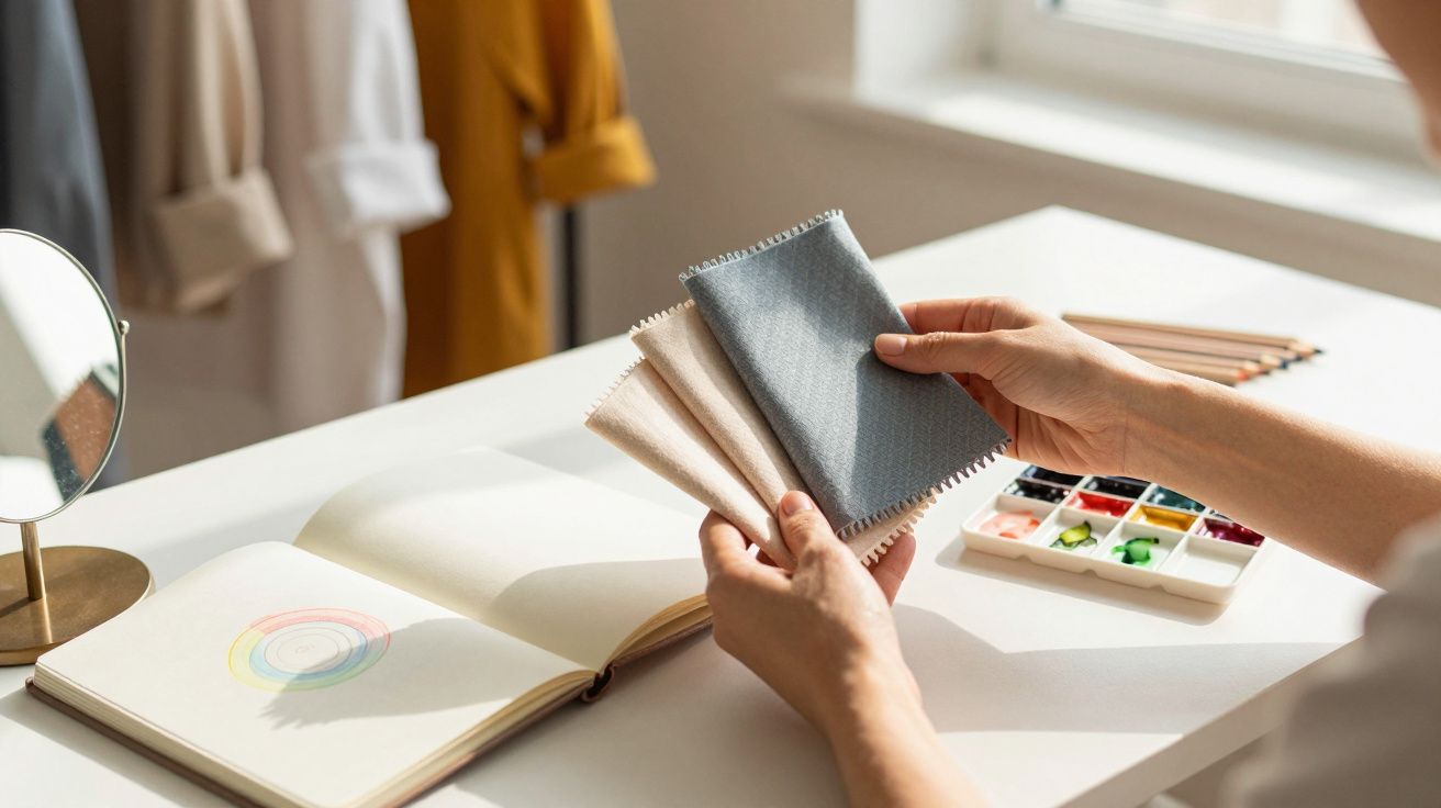 Handen houden stoffen staaltjes boven bureau met open schetsboek, kleurencirkel en aquarelverf, op achtergrond kleding.