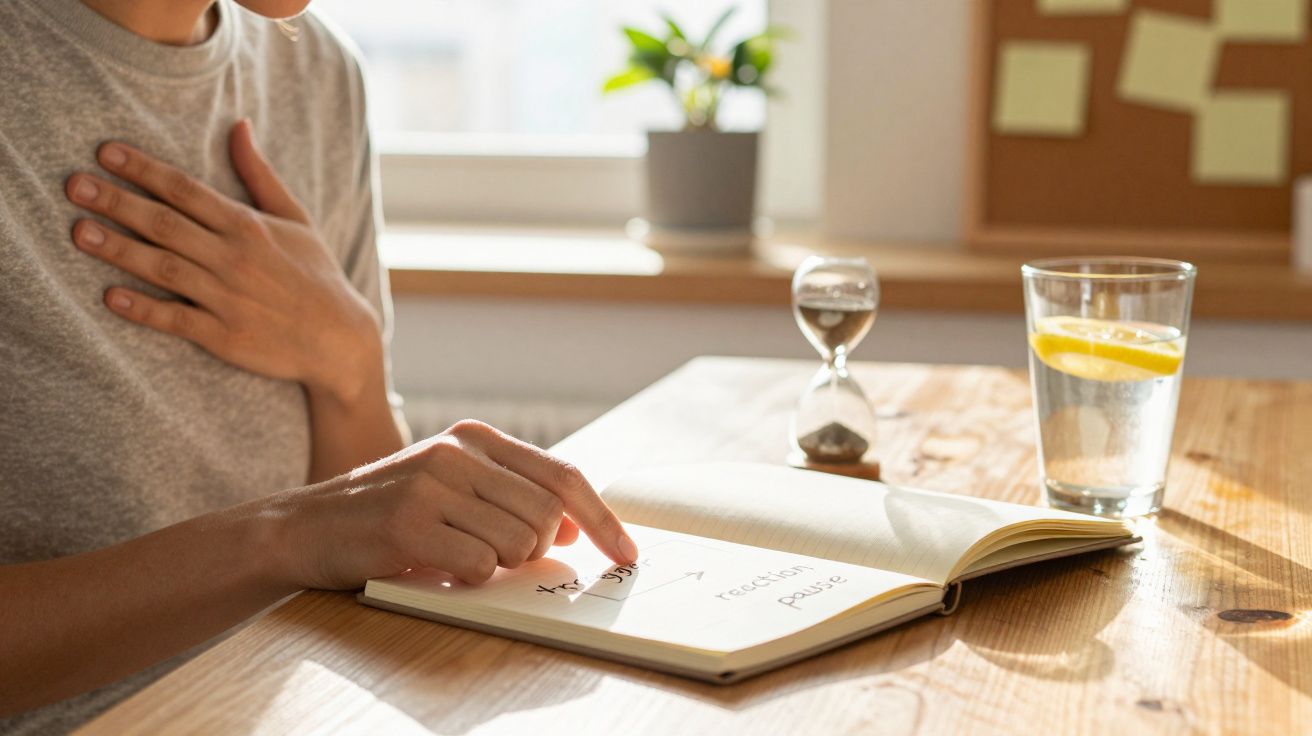 Persoon leest een notitieboek aan een tafel met een zandloper en een glas water met citroen.