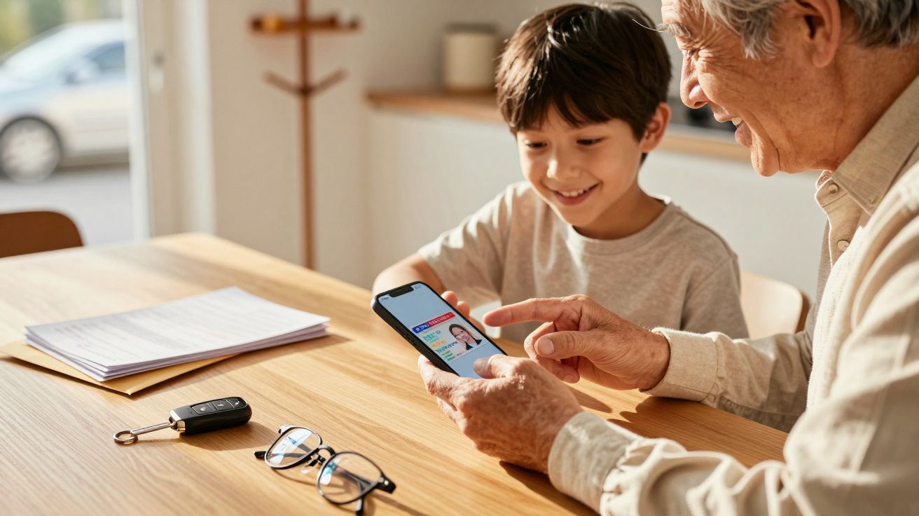 Oudere man en kind kijken glimlachend op smartphone aan houten tafel met autosleutels en bril.