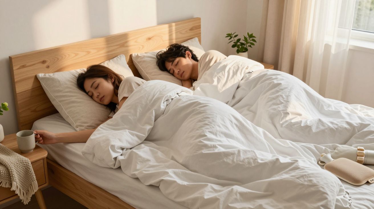 Twee mensen liggen slapend in een bed met witte lakens, naast een kopje op een nachtkastje in een zonnige kamer.