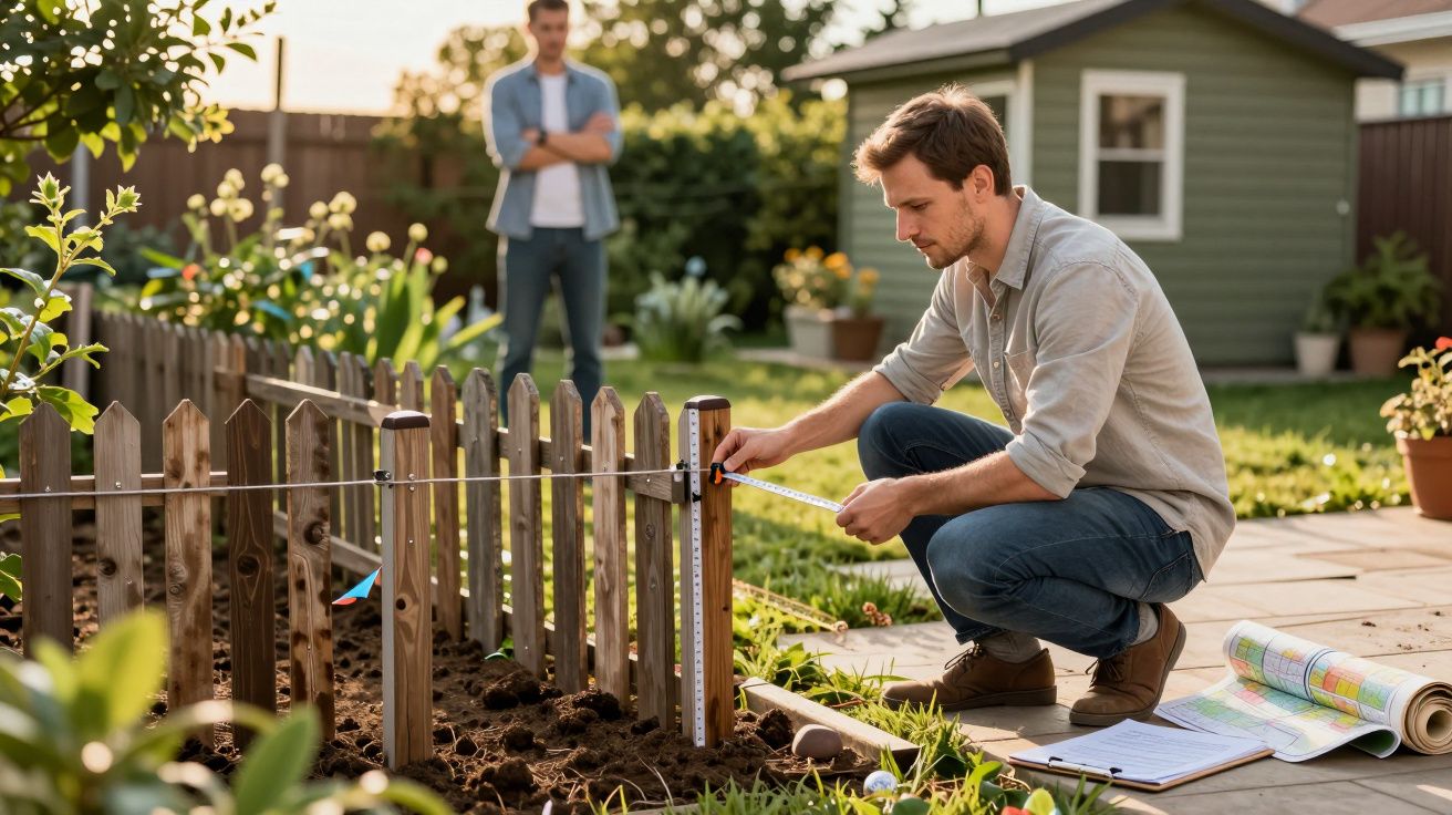 Twee mannen bouwen een houten tuinhek. De ene meet, de andere kijkt toe. Omringd door groene planten en een schuurtje.