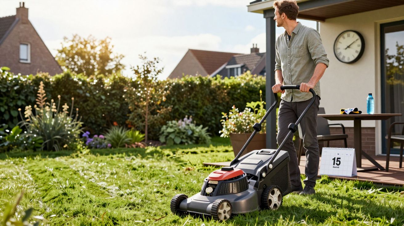Man maait gras in een tuin met een heggenschaar bij zonnig weer, huizen en bloemen op de achtergrond.