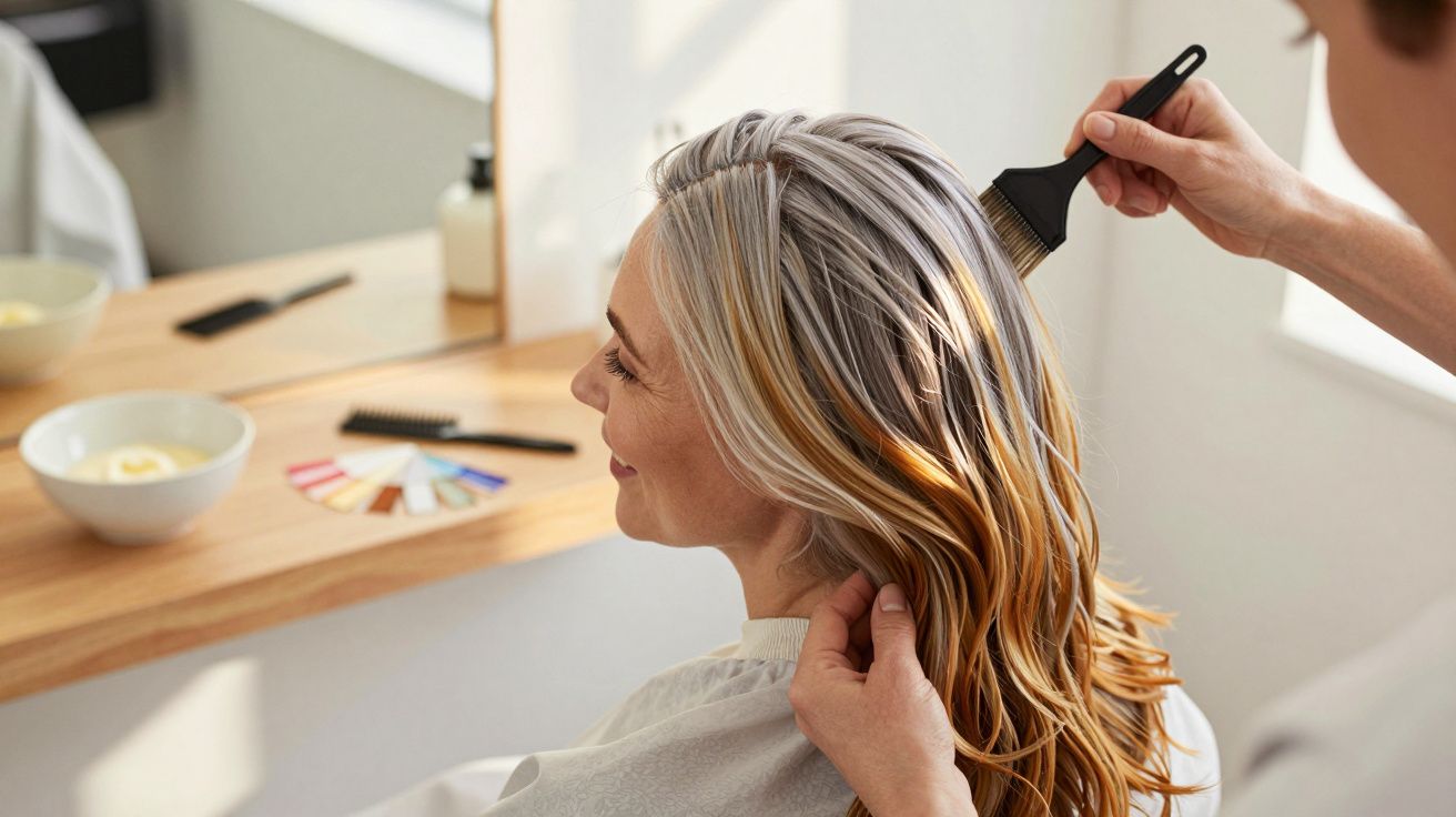 Persoon krijgt haarverf aangebracht in kapsalon, met grijs naar goudkleurig haar. Spiegel en kammen op de achtergrond.