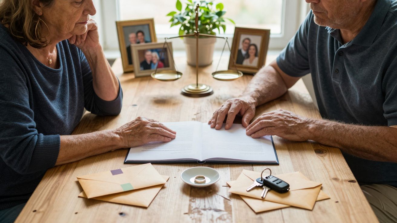 Oud stel aan tafel met documenten, enveloppen en autosleutels, foto’s op de achtergrond.