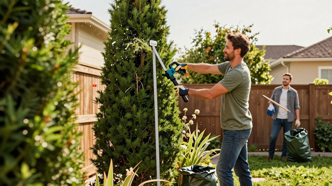 Man snoeit hoge struik met elektrische zaag in de tuin; tweede man op achtergrond verzamelt takken.