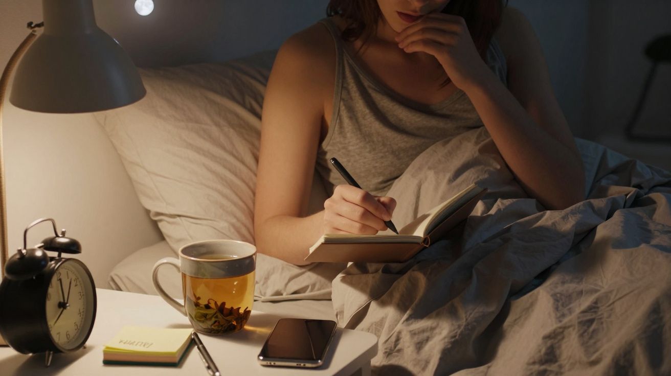 Vrouw schrijft in notitieboekje in bed, omringd door mok thee en wekker op nachtkastje.