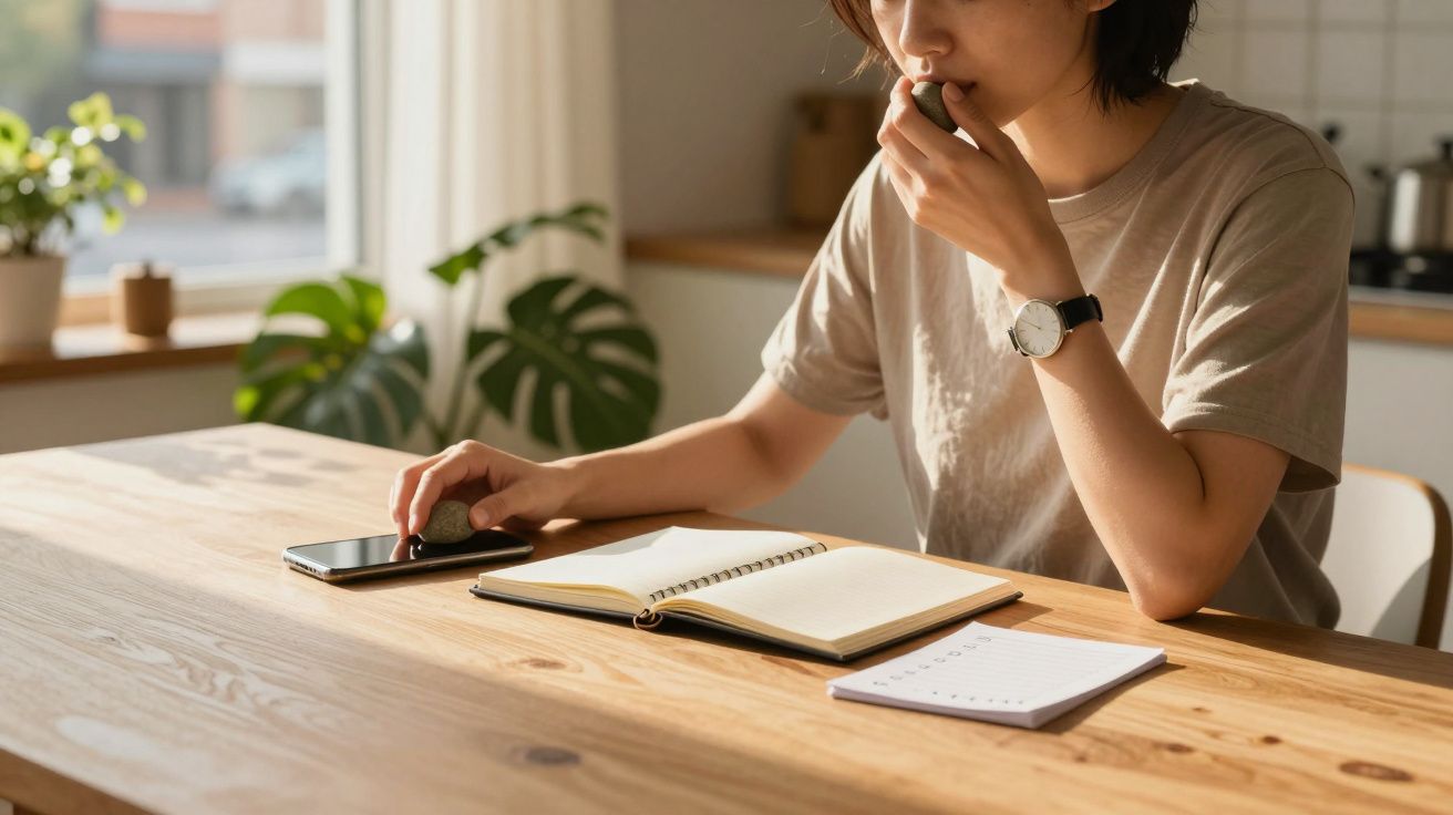Persoon aan houten tafel met notitieboek, pen en smartphone, denkt na en kijkt geconcentreerd naar open notitieboek.