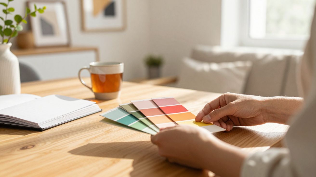 Handen met kleurstalen op een houten tafel, naast een notitieboek en een kopje thee.