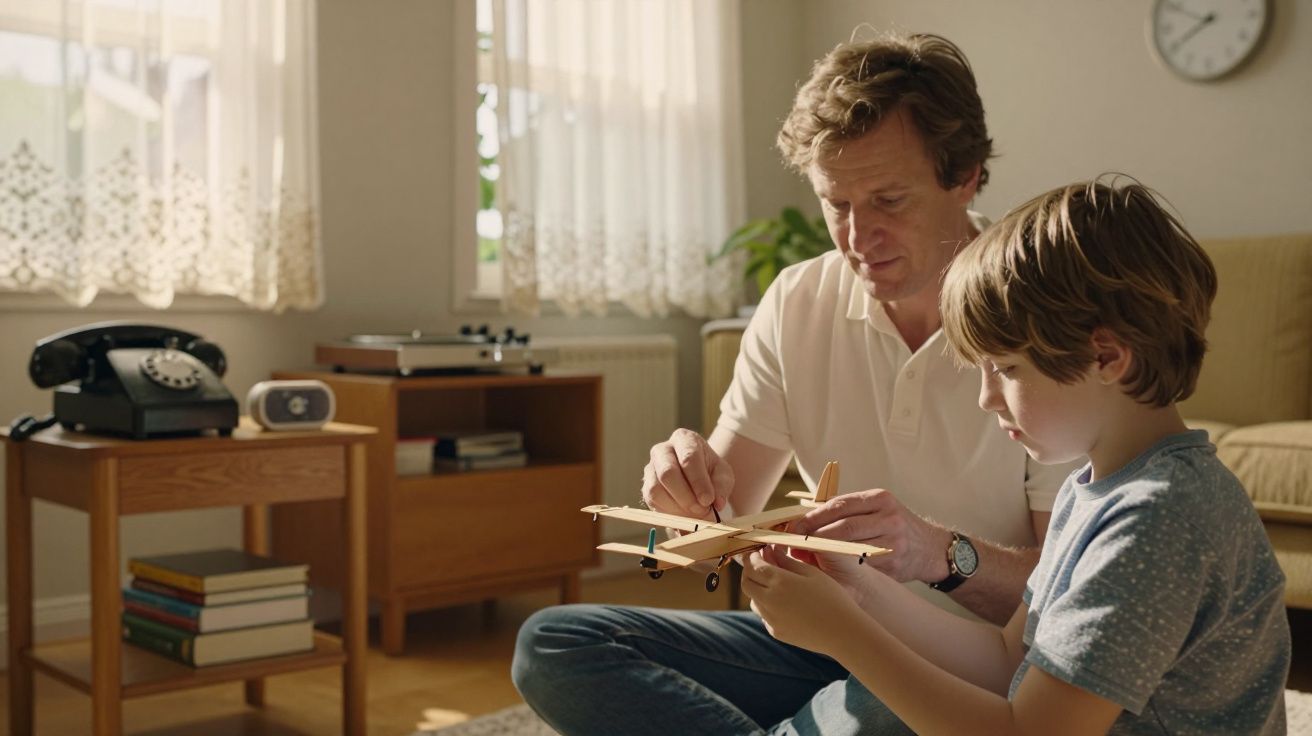 Man en jongen bouwen samen een houten vliegtuigmodel in een zonnige woonkamer.