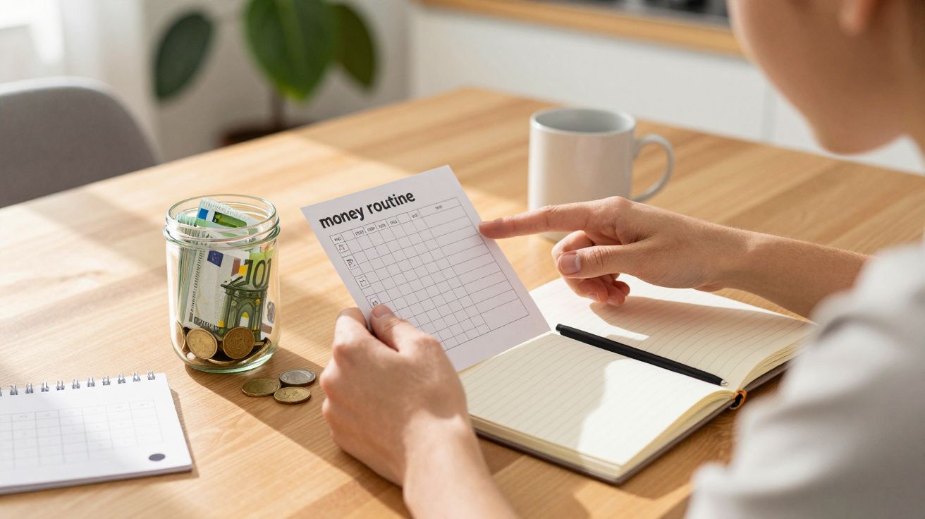 Persoon bekijkt geldroutineplanner aan tafel met notitieboek, pen, glazen pot met Euro's en een mok.