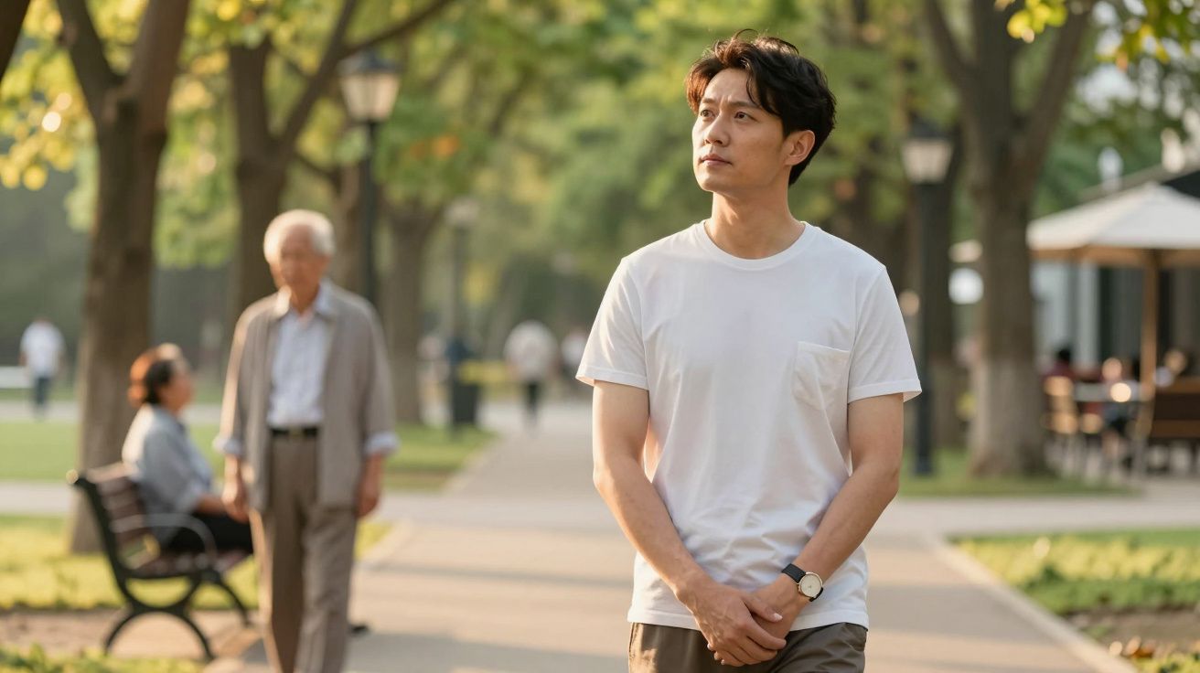 Man loopt in park met bomen, bankjes en mensen in de achtergrond op een zonnige dag.