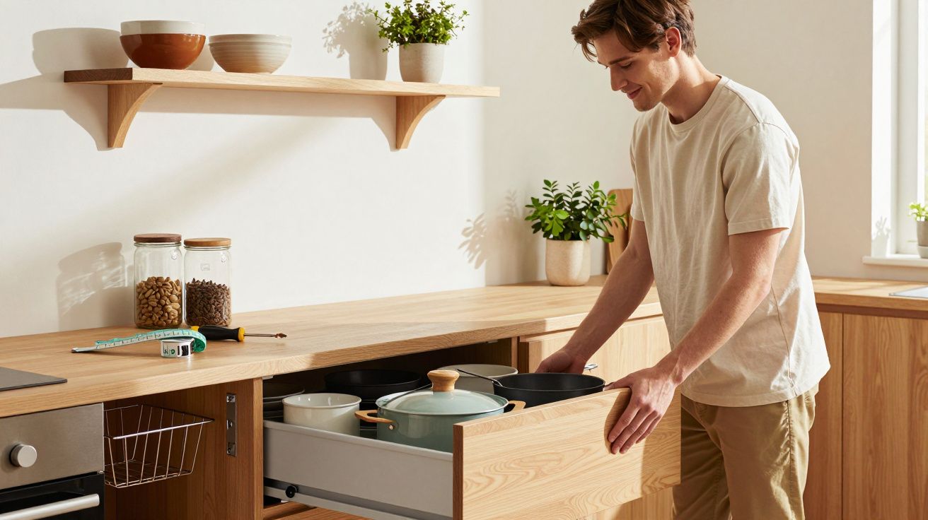 Man opent lade in moderne keuken met houten werkblad en witte muren, omgeven door potjes en planten.