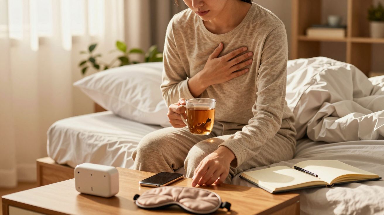 Vrouw in pyjama met kop thee zittend op bed, hand op borst, dagboek en oogmasker op tafel, zonnige slaapkamer.