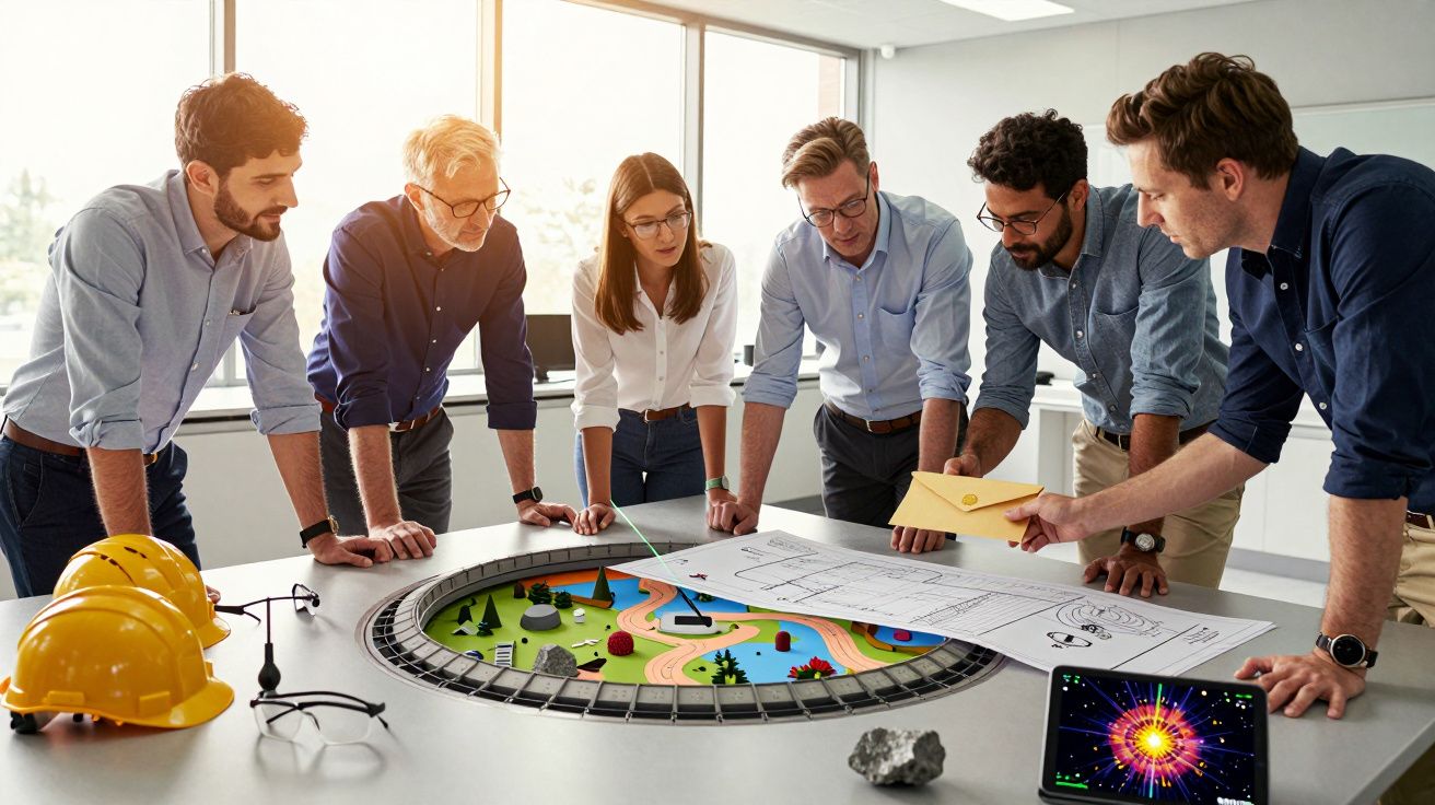 Groep mensen bespreekt een kleurrijk model op tafel met bouwtekeningen, gele helmen en een tablet in een vergaderruimte.