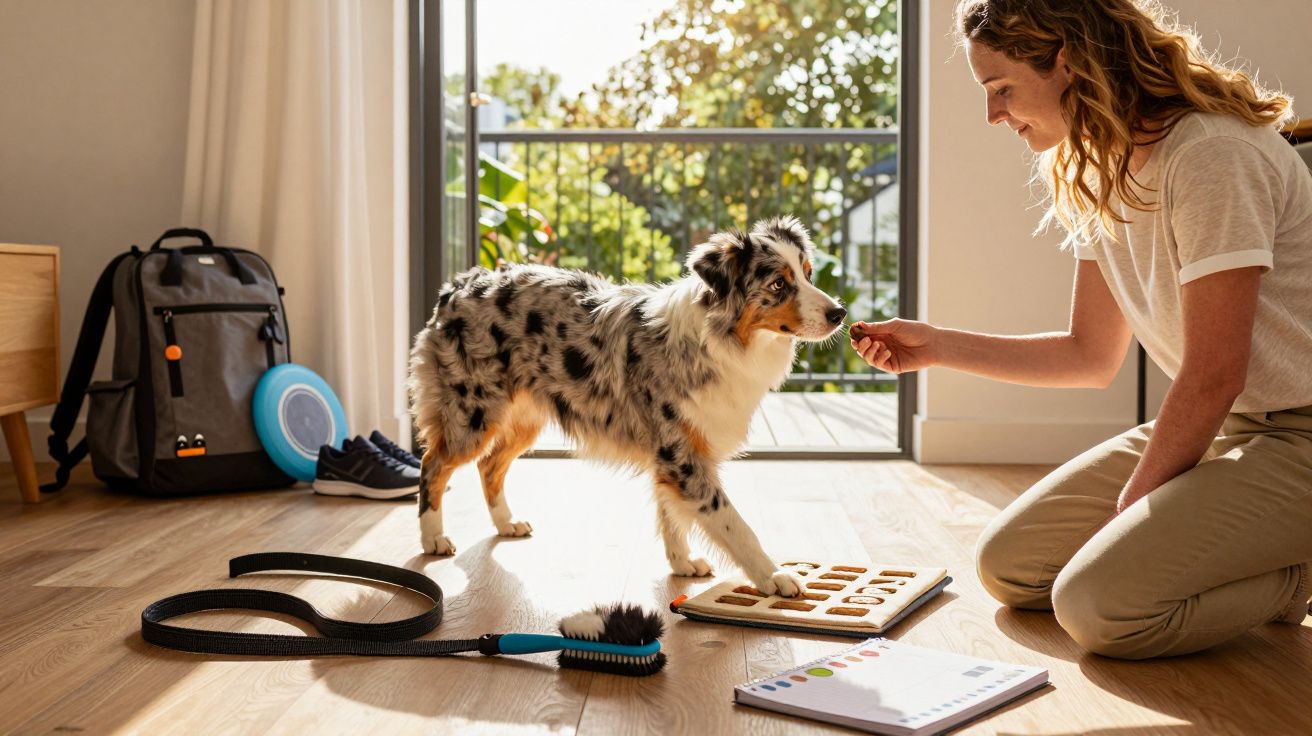 Vrouw speelt met hond in woonkamer, trainingsspel op de grond. Rugzak en hondenspeelgoed zichtbaar in de achtergrond.