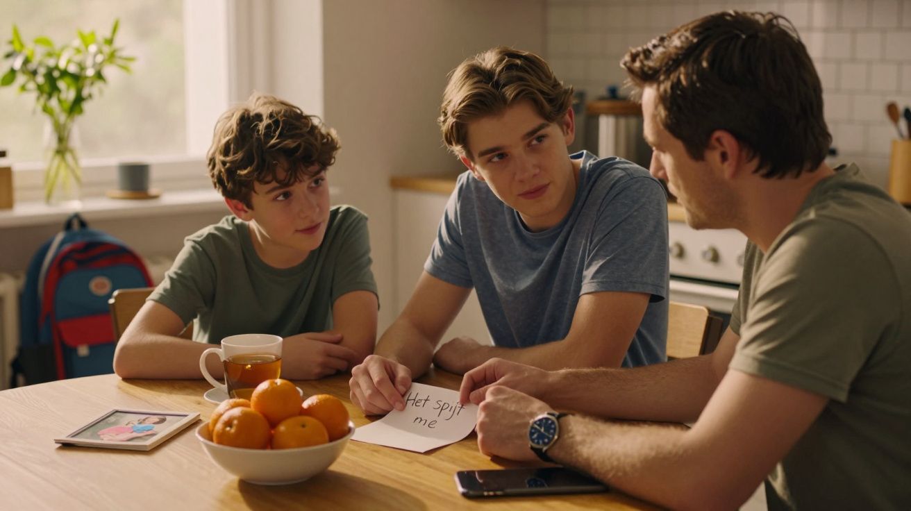 Vader en twee zonen aan keukentafel, jongen toont papier met "Het spijt me," sinaasappels en mok op tafel.