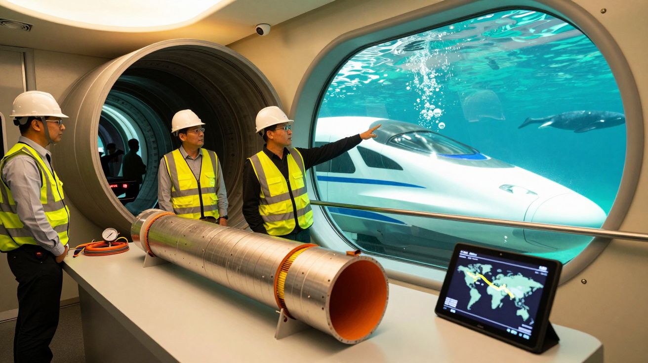 Drie ingenieurs in veiligheidsuitrusting observeren een onderwaterhogesnelheidstrein in een tunnel, vis zichtbaar buiten.