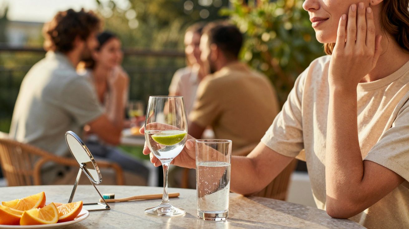 Een vrouw houdt een glas water met limoen vast, zittend aan een tafel met sinaasappelschijfjes, met mensen op de achtergrond.