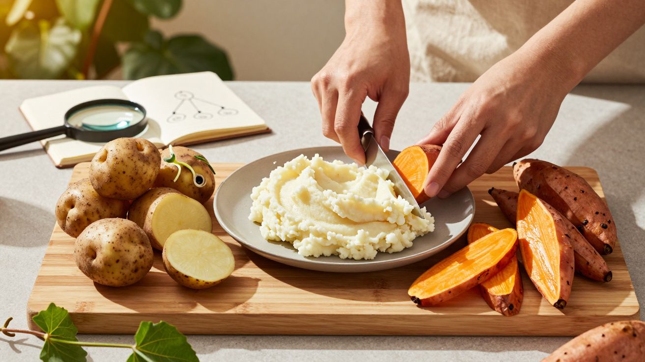Handen bereiden aardappelpuree en zoete aardappelen op houten snijplank met boek op de achtergrond.